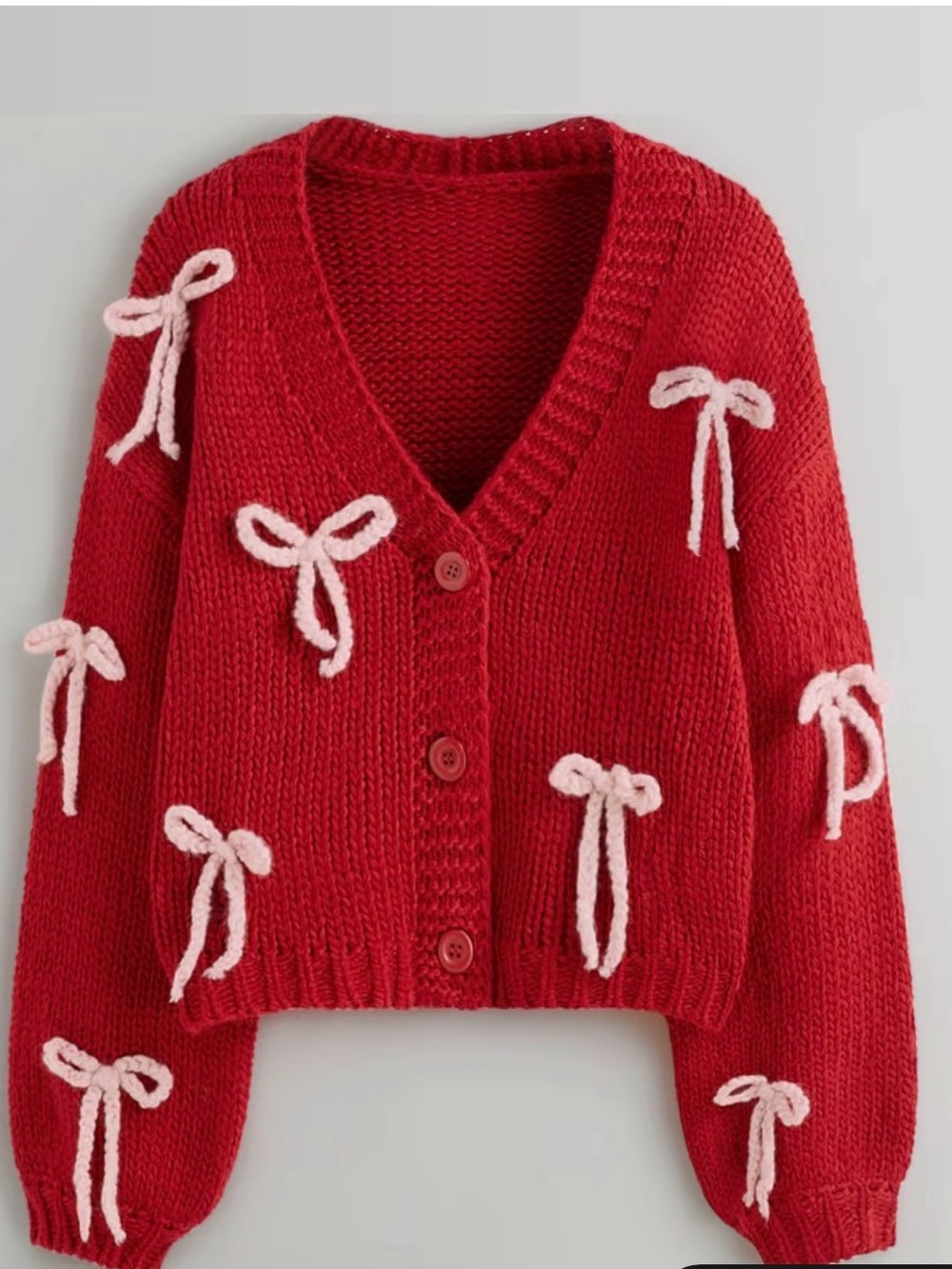 Cider Red V-Neck Bow-Appliqué Button Cardigan M zz1-01